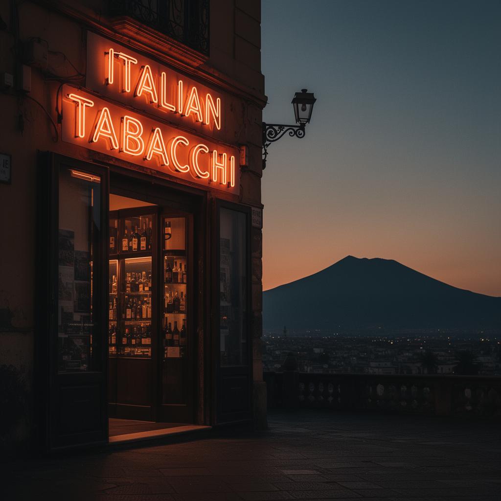 Insegna del Bar O' Mericano all'imbrunire con il Vesuvio sullo sfondo